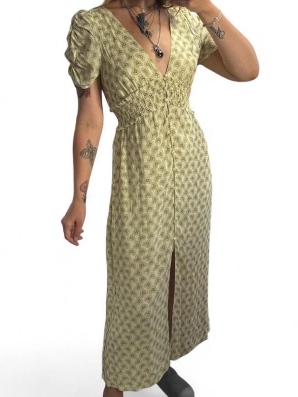 Kimchi Blue Loni plunging puff sleeve dress from Urban Outfitters